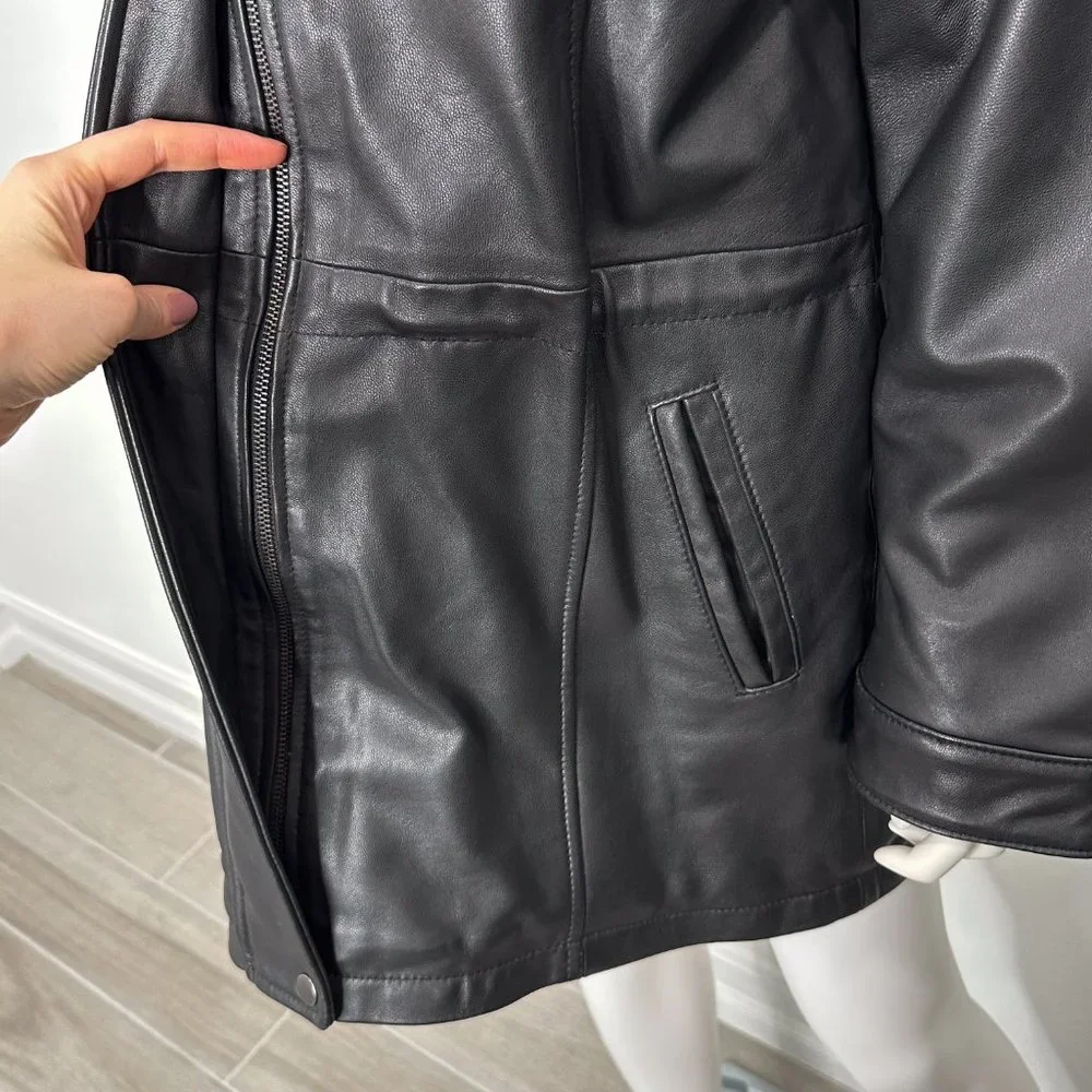 Genuine Lamb Leather Longline Coat Jacket w/ Remove-able Faux Fur Trim Hood - Picture 5 of 16